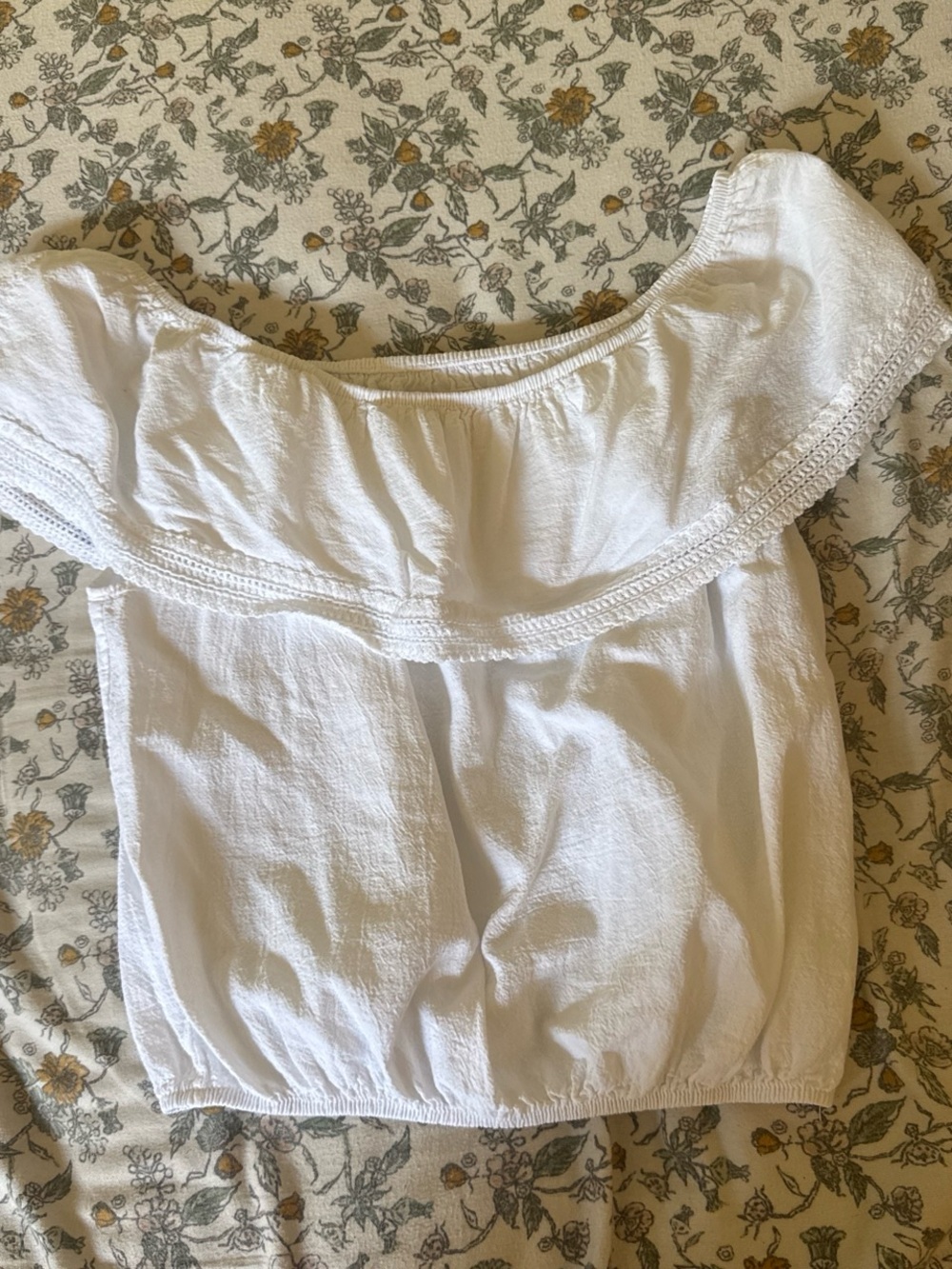 White Off-Shoulder Crop Top with Ruffle Trim